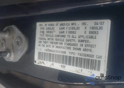 2007 Honda Accord 2.4 Lx from USA, damaged, VIN 1HGCM56447A153589